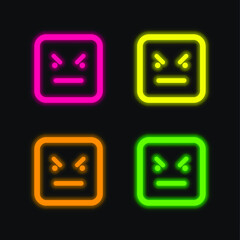 Bad Emoticon Square Face four color glowing neon vector icon