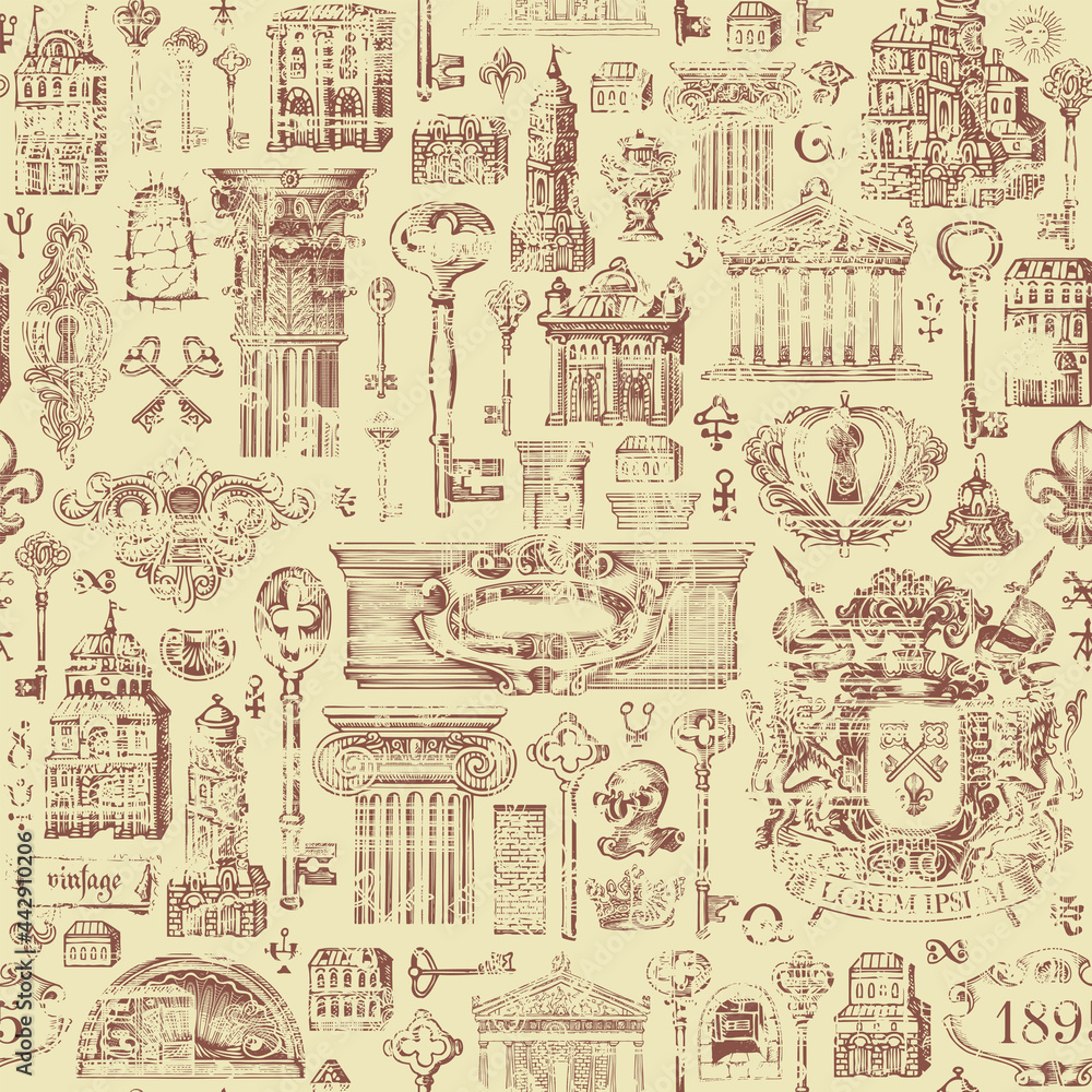 Poster hand-drawn seamless pattern on a theme of ancient architecture and art. abstract vector background i
