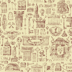 Fototapeta na wymiar Hand-drawn seamless pattern on a theme of ancient architecture and art. Abstract vector background in grunge style with vintage buildings, architectural elements, coat of arms and old keys on a beige
