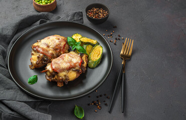 A dish of baked meat with vegetables and cheese on a black plate on a dark background. Side view, space for copying.