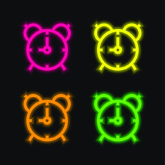 Alarm Clock four color glowing neon vector icon