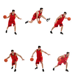 Fototapeta na wymiar Professional sportsman playing basketball on white background, collage