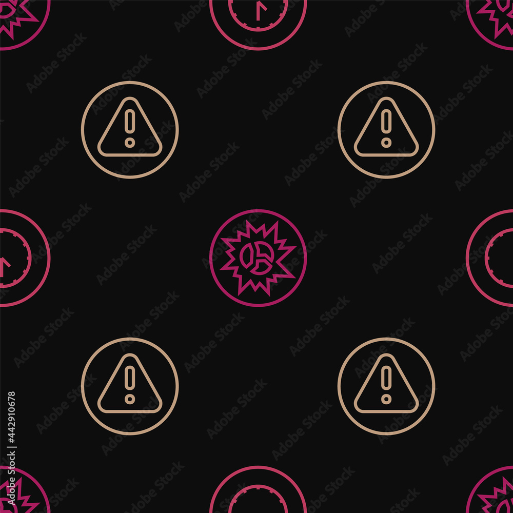 Poster set line clock, exclamation mark in triangle and bomb explosion on seamless pattern. vector