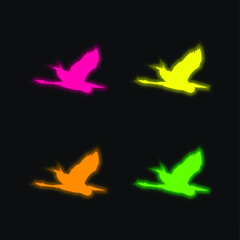 Bird Heron Flying Shape four color glowing neon vector icon