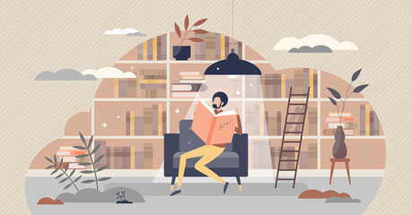 Bibliotherapy as depression treatment with book reading tiny person concept. Psychological, mental problem therapy session with literature to reduce stress level, be calm and happy vector illustration