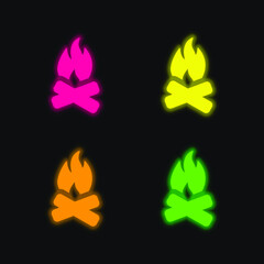 Bonfire four color glowing neon vector icon