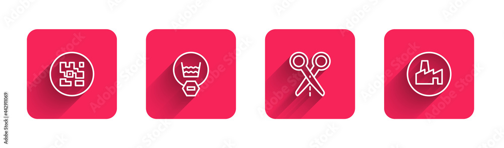 Poster set line qr code, delicate wash, scissors with cut line and factory production with long shadow. red