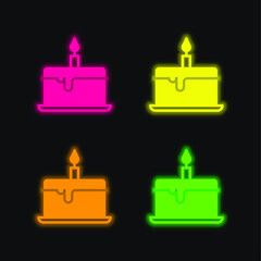 Birthday Cake four color glowing neon vector icon