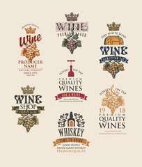 Obraz premium Set of logos, emblems, labels, badges or stickers for a wine and whiskey. Vector tags for alcoholic drinks with ornate drawings and inscriptions on an old beige background in vintage style