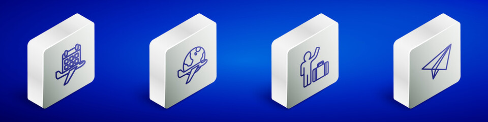 Set Isometric line Calendar and airplane, Globe with flying, Tourist suitcase and Paper icon. Vector