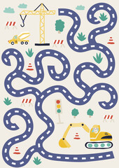 Cute kids labyrinth maze game fun education for children with funny nice cats yellow mixer excavator crane on beige background childish vector illustration. help find path. activity page sheet