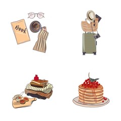 Set of travel highlights. Aesthetical illustration for personal fashion blog. Food, luggage, books, hobbies, home ideas, clothes. Lifestyle elements 