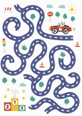 Cute kids labyrinth maze game fun education for children with funny nice cats formula racing car race on white background childish vector illustration. help find path. activity page sheet