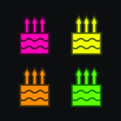 Fototapeta premium Birthday Cake four color glowing neon vector icon