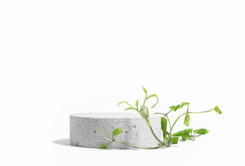 Cylindrical stone concrete eco podium on white background with hard shadows and green tropical...