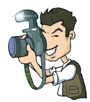 People illustration. Young man takes a picture with camera. Flat vector illustration.