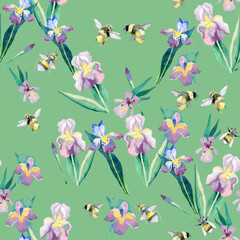 Iris flowers and bees on a green background a seamless pattern for the fabric of a romantic summer retro