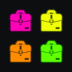 Briefcase four color glowing neon vector icon