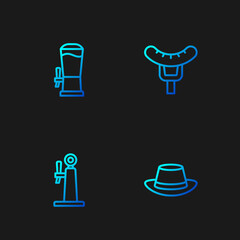 Set line Oktoberfest hat, Beer tap, and Sausage on the fork. Gradient color icons. Vector