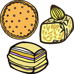 Vector hand drawn doodles bar utensil, coffee objects, sweet cookies, Turkish delight