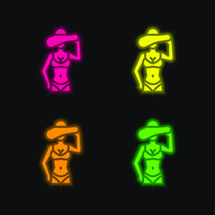 Bikini four color glowing neon vector icon