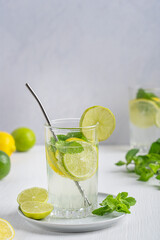 Fresh organic homemade lemonade summer drink made of sour ripe lemon and lime slices, sparkling water and mint leaves served in drinking glass with metal straw on plate on white wooden table. Vertical