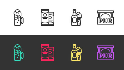 Set line Wooden beer mug, Beer can, bottle and glass and Street signboard with Pub on black and white. Vector