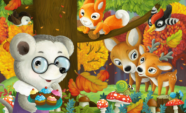 cartoon scene forest animals friends together