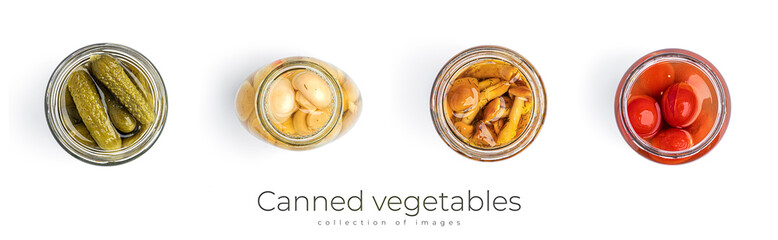 Canned vegetables isolated on white background. Pickled vegetables.
