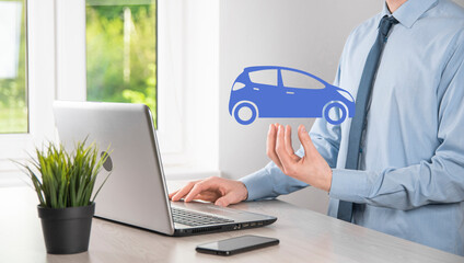 Digital composite of Man holding car icon.Car automobile insurance and car services concept. Businessman with offering gesture and icon of car