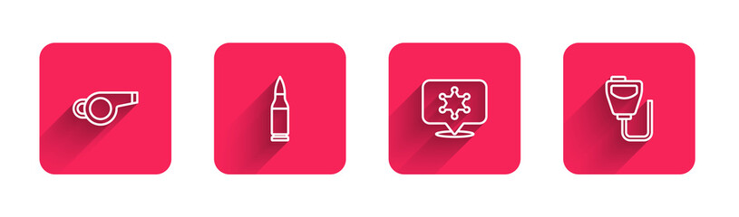 Set line Whistle, Bullet, Hexagram sheriff and Walkie talkie with long shadow. Red square button. Vector