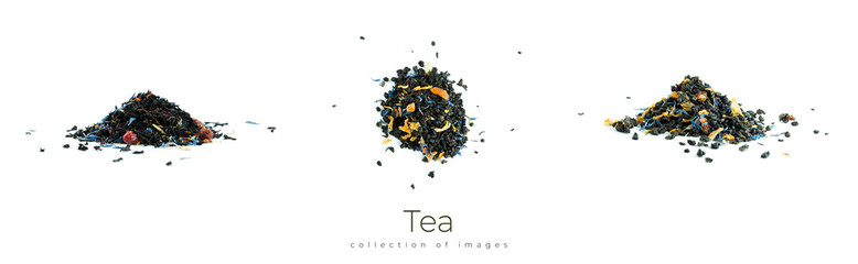 Bunch of black tea leaves with fruits on white background.