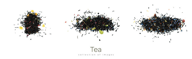 Bunch of black tea leaves with fruits on white background.