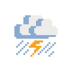 Fototapeta premium Storm cloud bolt pixel art icon. Thunderstorm sign. Cloud lightning. Rainstorm symbol for your web site design, logo, app, UI. Vector illustration isolated on white background.