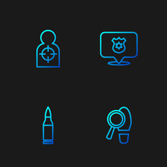Set line Footsteps, Bullet, Human target sport for shooting and Police badge. Gradient color icons. Vector