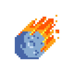 Obraz premium Flame meteorite pixel art icon. Meteor rain fall on planet. Cataclysm color icon. Comet vector illustration isolated on white background. Design for web site, app, sticker.
