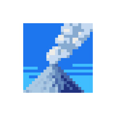 Volcano landscape pixel art icon isolated vector illustration. Design logo, mobile app, sticker, embroidery. Game assets 8-bit sprite. 
