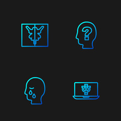 Set line Psychologist online, Man graves funeral sorrow, Rorschach test and Head with question mark. Gradient color icons. Vector