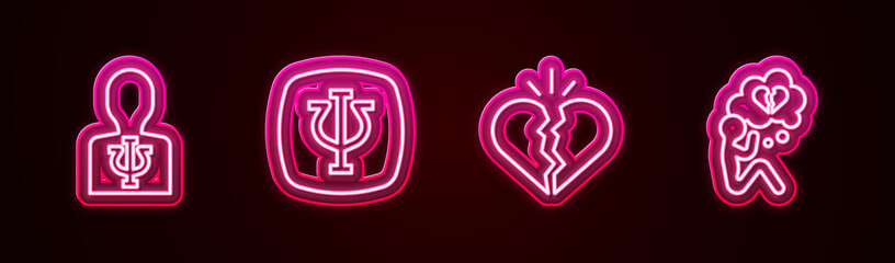 Set line Psychology, Psi, , Broken heart or divorce and . Glowing neon icon. Vector