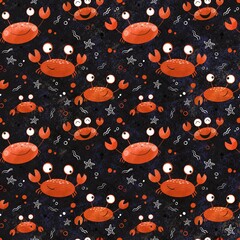 Seamless pattern with orange crabs and other elements on a dark background. Cartoon style illustration. Design for clothing fabric and other items.