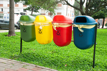 Colored selective bins for recyclable waste. São Paulo, Brasil