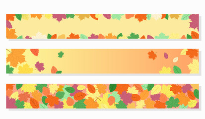 Fototapeta na wymiar Autumn web banners. Vector set of templates. Fall leaves on yellow and orange background. Banners are suitable for autumn sales, seasonal website design