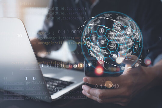 Digital software development, IoT, Internet of Things, mobile apps design, Global network technology concept.