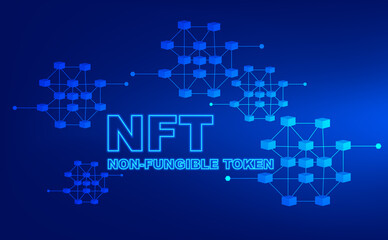 NFT non fungible token illustration with blockchain on abstract blue technology background
