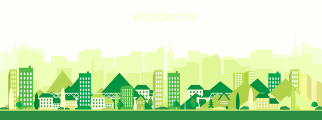   Vector poster with suburban houses and skyscrapers.Urban landscape with mountains in green colors. City view.