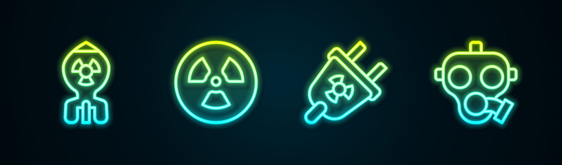 Set line Nuclear bomb, Radioactive, Radiation electrical plug and Gas mask. Glowing neon icon. Vector