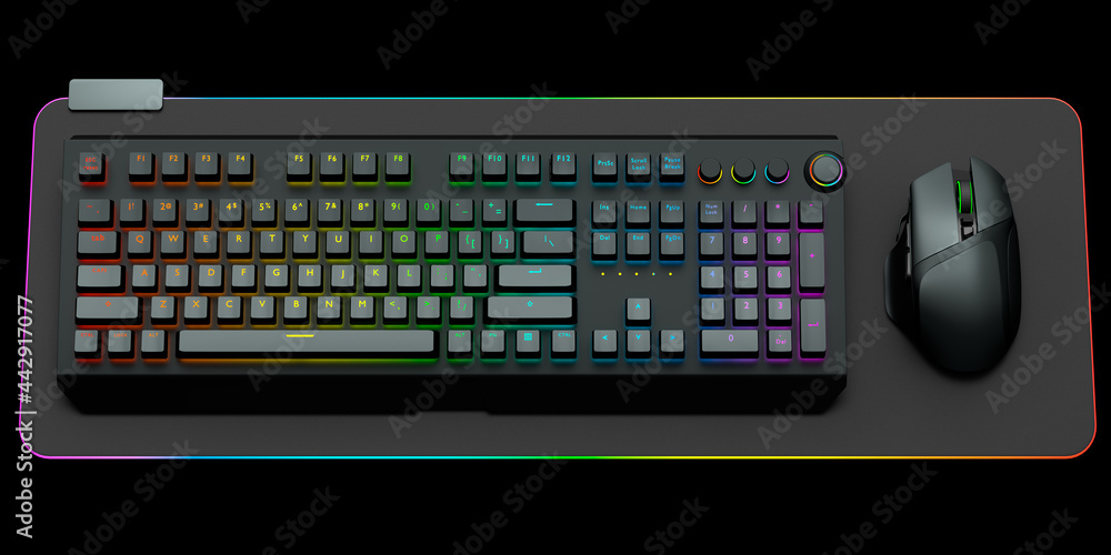 Poster computer keyboard and mouse on professional pad isolated on black background.