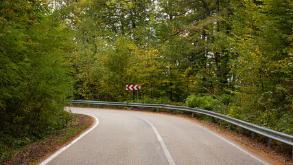 Old asphalt road in autumn forest