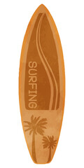 Illustration of a surfboard with palm trees orange