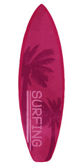 Illustration of a surfboard with palm trees pink